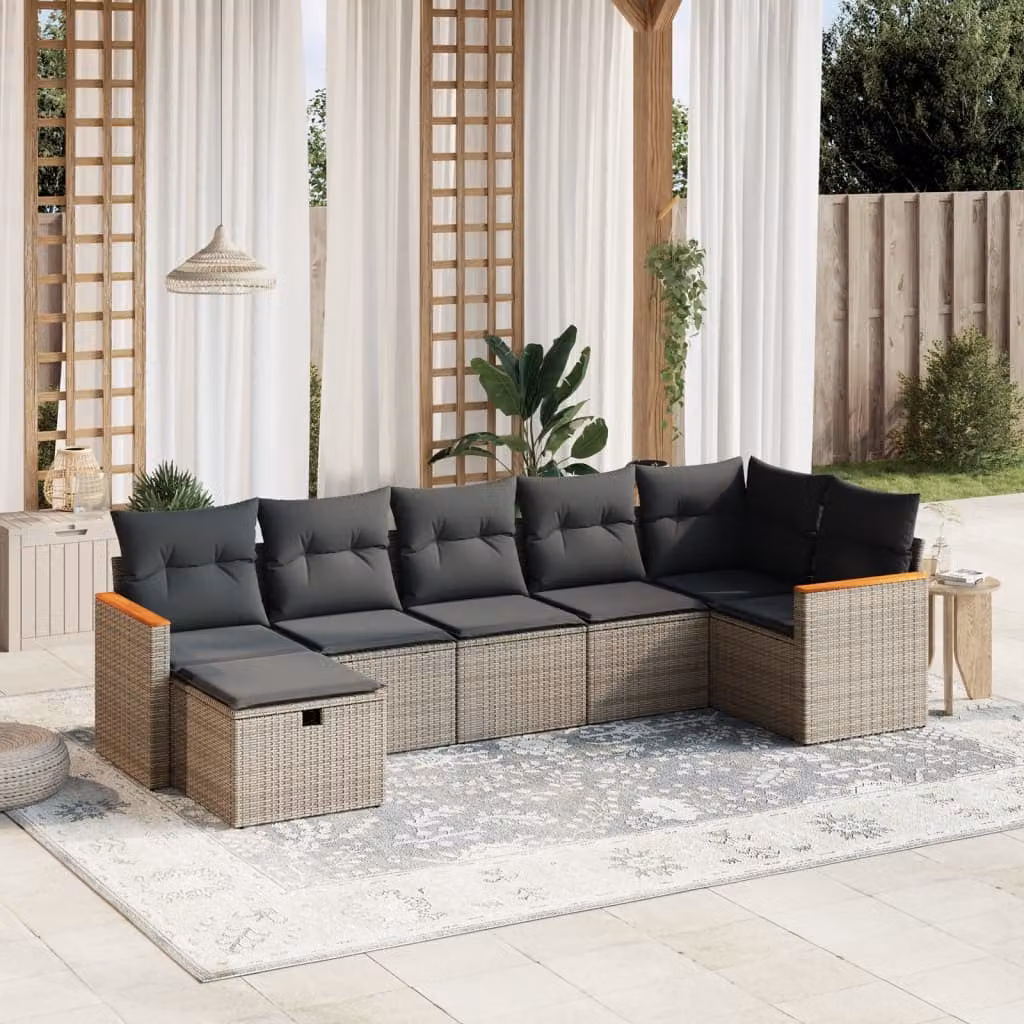 vidaXL Set Divani da Giardino 7 Pezzi a Forma di L con Cuscini Grigio in Polyrattan e Struttura in Metallo – 1