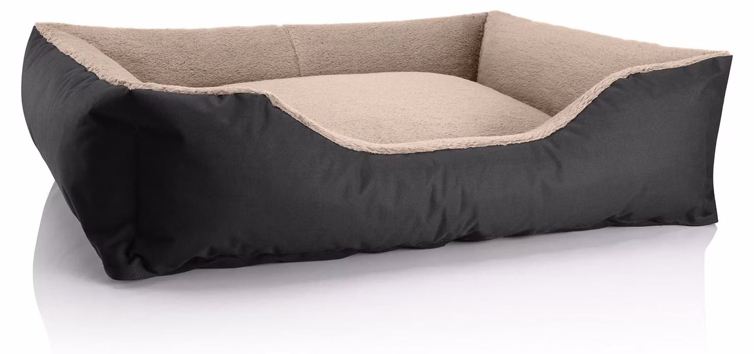 Letto per cani BedDog TEDDY, divano per cani lavabile con bordo e cuscino, NAMIB-BLACK (nero/beige), (XL) ca. 100x85x23 cm