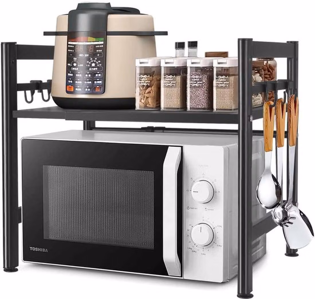 Azomor Organizer da cucina estensibile per microonde con ganci portaoggetti, colore nero