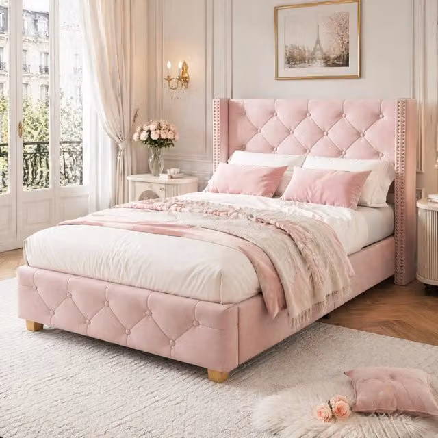 Letto imbottito 90x200 cm in velluto rosa con testiera e rete a doghe