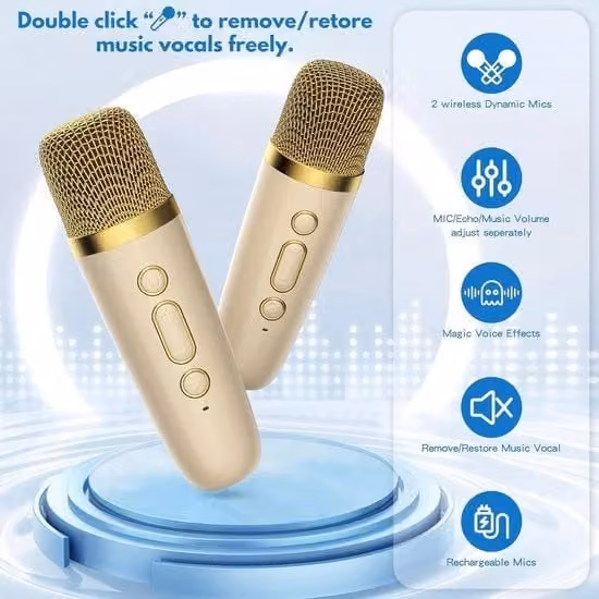 Kit Karaoke Mini con 2 Microfoni e Diffusore Bluetooth Colore Oro