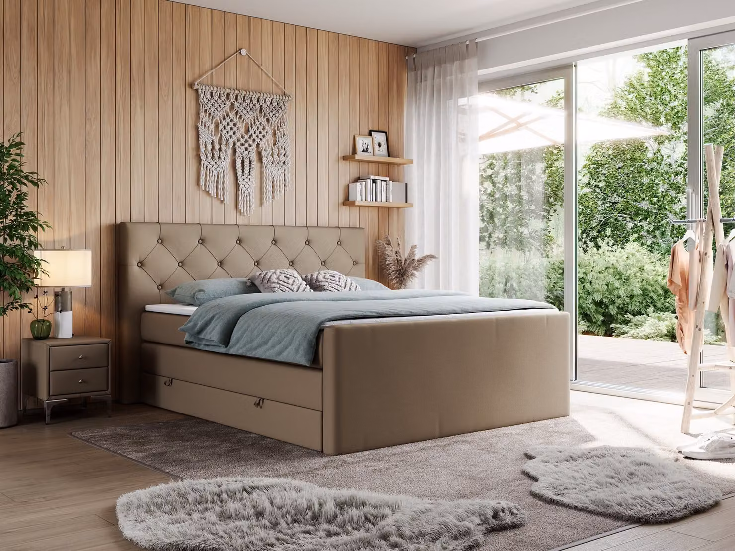 Letto matrimoniale con materasso Multipocket e coprimaterasso, letto boxspring con cassetti - KING VELEN - 180x200 cm - Marrone - H4