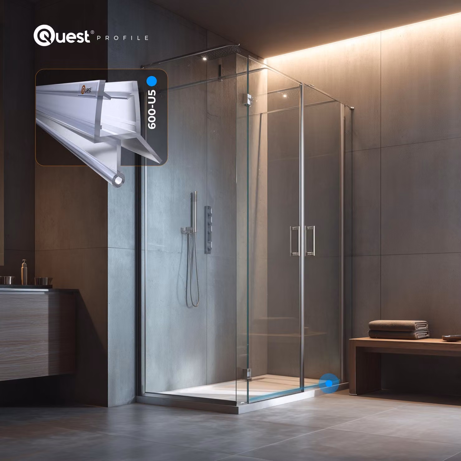 QUEST doccia a pavimento 100 cm trasparente, rotonda, con tunnel arrotondato, 2 pezzi