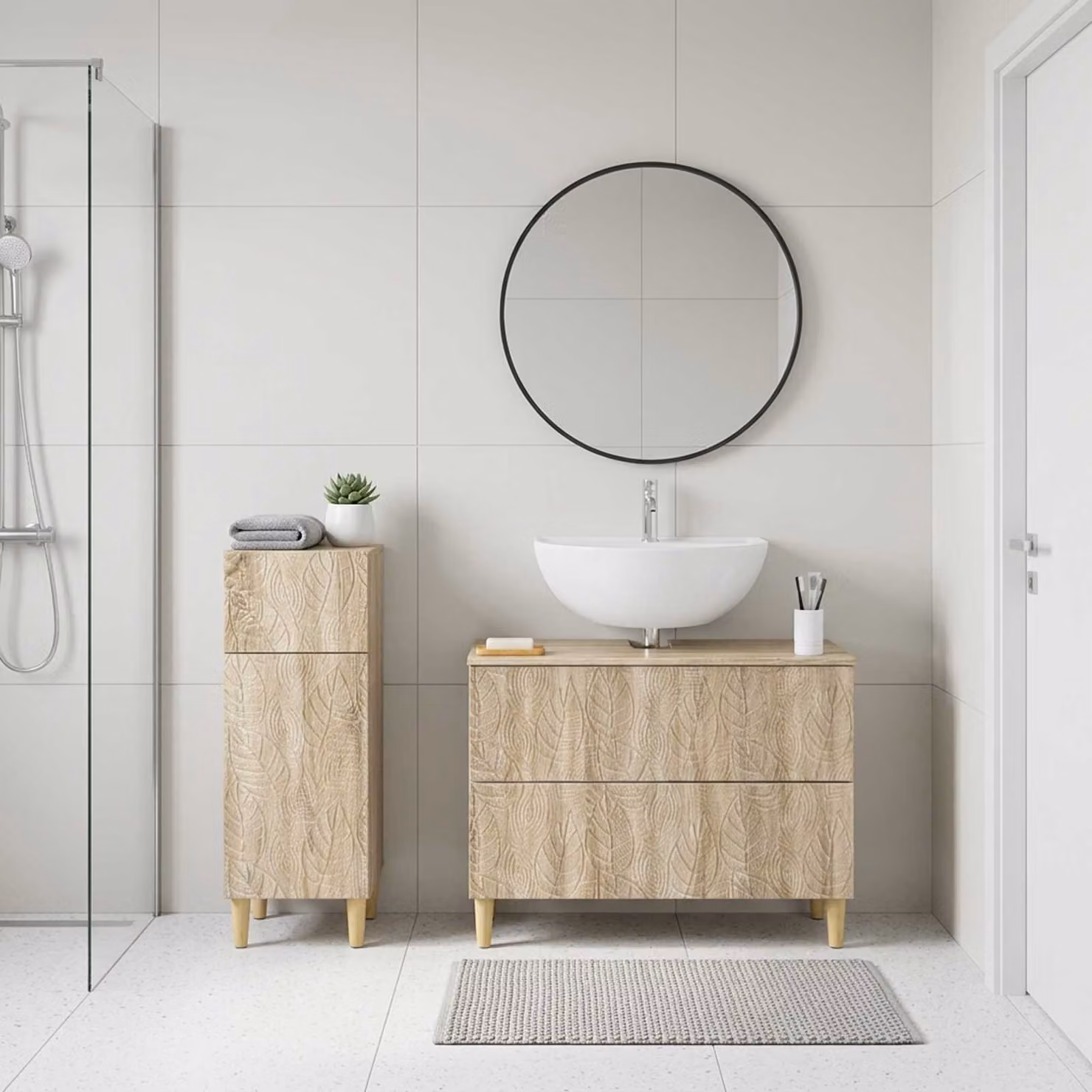 Set di mobili da bagno moderno vidaXL DELFT composto da mobile lavabo e mobile contenitore, colore Rovere Sonoma, L/P/H: 82 x 34,7 x 59 cm e 41 x 59 x 82 cm