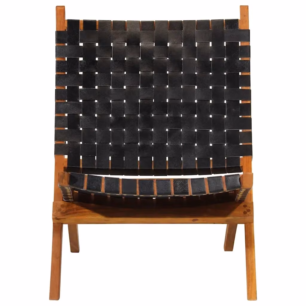 Poltrona Relax Pieghevole in Vera Pelle Nera con Struttura in Legno di Acacia – 2