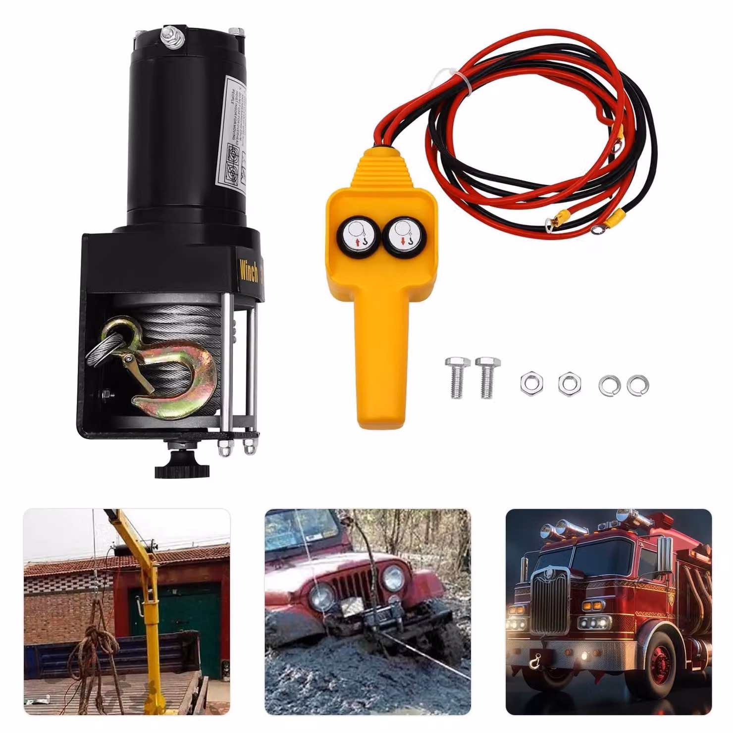 Verricello elettrico - 12 V CC - Forza di trazione 1360 kg - Telecomando con cavo - Set completo - Nero