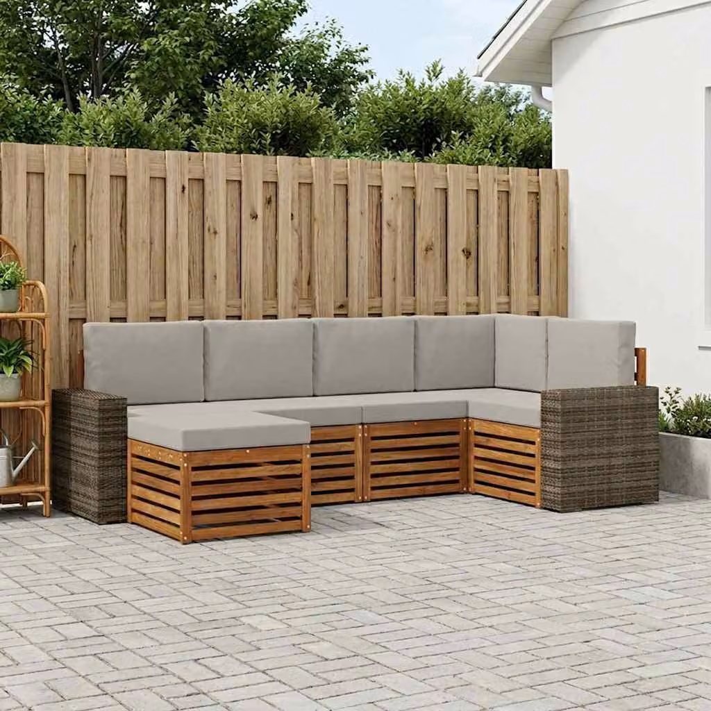Set di divani da esterno vidaXL a forma di L composto da 6 pezzi in legno di acacia con cuscini, colore beige e grigio