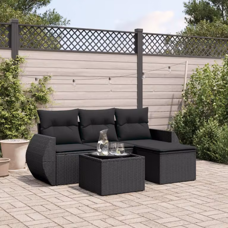 vidaXL Set Divani da Giardino a L 5 pz in Polyrattan Nero con Cuscini e Tavolino da Caffè