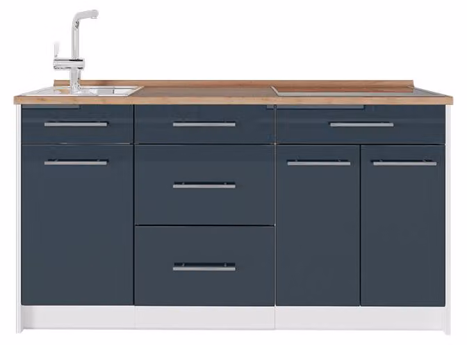 Cucine componibili piccole Vicco Fame-Line Blu scuro lucido/Bianco 150 cm, PL Rovere, Model 65326
