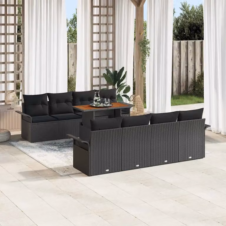 Set Divano da Giardino vidaXL 9 Pezzi Nero con Cuscini e Contenitore per Archiviazione in Poly Rattan e Acciaio