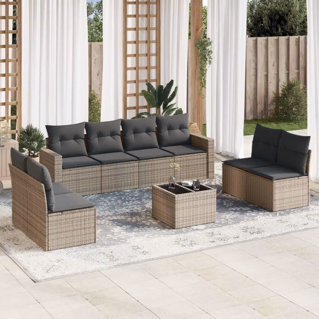 vidaXL Set Divano da Giardino 9 pz a forma di U in Polyrattan Grigio con Cuscini e Tavolino da Caffè – 1