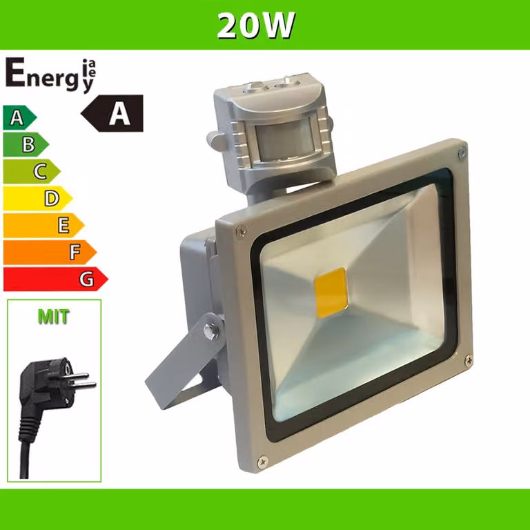 LEDVero® Lampada a LED da esterno, 20 Watt, con sensore di movimento e spina, faretto, proiettore da cantiere - Argento - Bianco caldo
