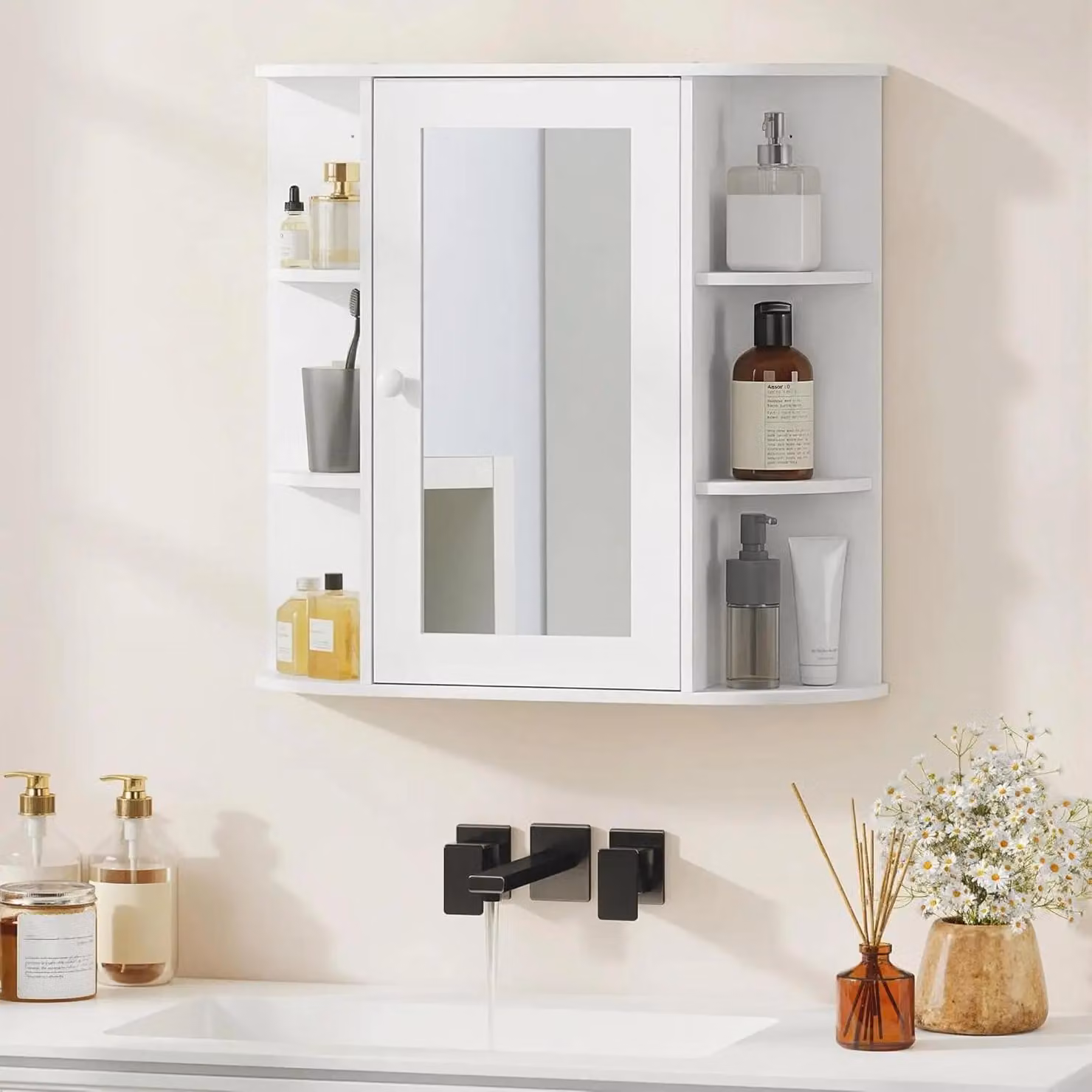 Armadietto a specchio per bagno - Armadietto da parete con specchio - Vano portaoggetti - MDF - 60x16x58 cm - Bianco