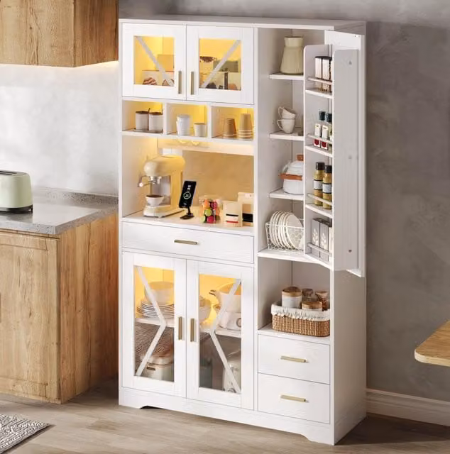 Credenza 105x40x185 cm con LED multicolore e prese; in MDF bianco