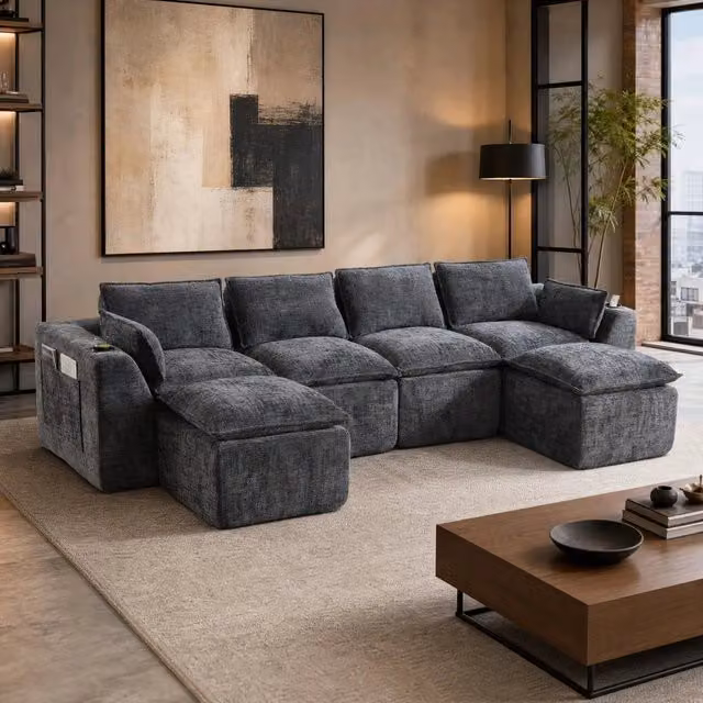 Divano modulare 322x161x75 cm in ciniglia grigio scuro, con 2 poggiapiedi, per salotti –