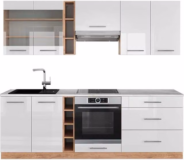 Cucina componibile moderna Vicco Fame-Line Bianco lucido e Rovere dorato L: 235 cm, P: 60 cm, H: 86 cm – 1