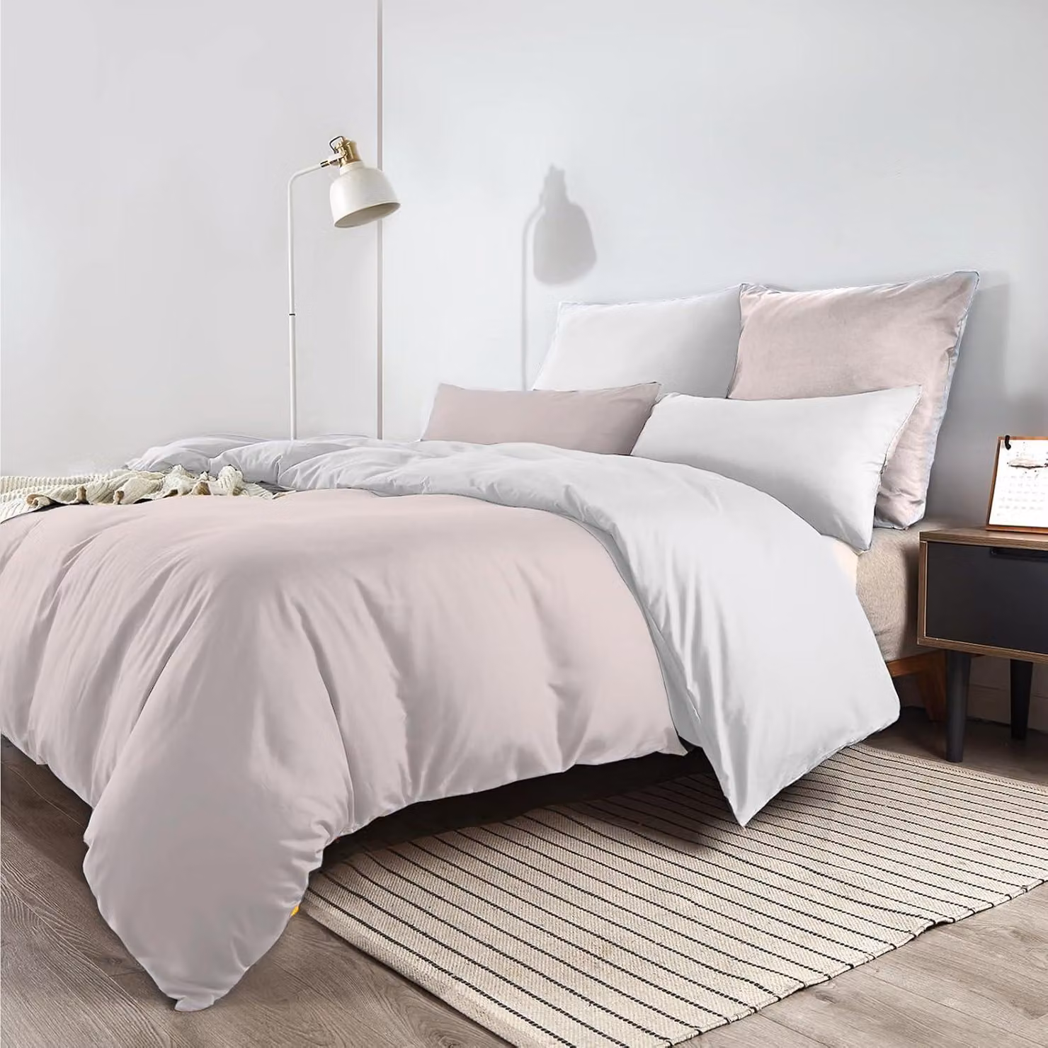 Set di lenzuola 200x200 cm, beige/bianco, in microfibra, senza bisogno di stiratura, antiscottatura, con 2 federe 80x80 cm, chiusura a zip