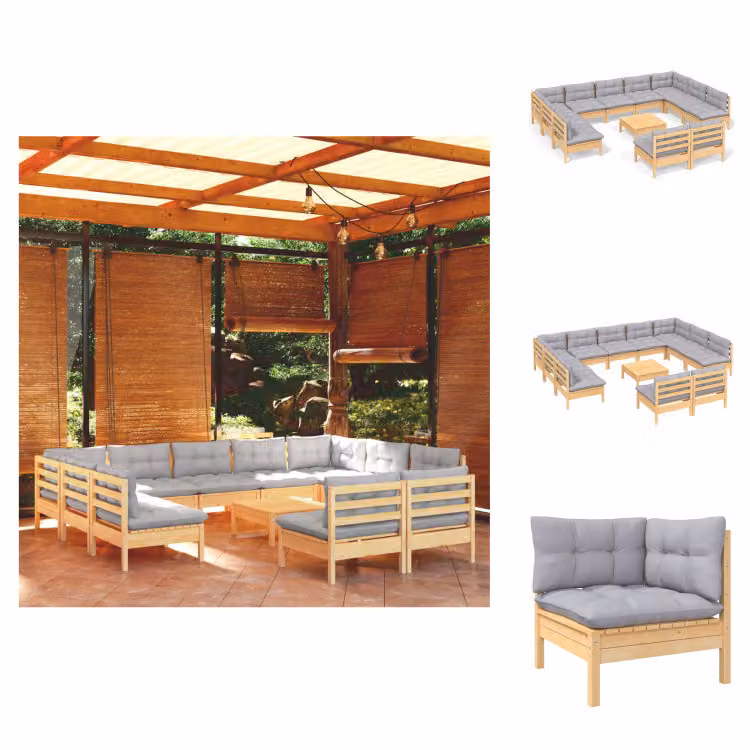 vidaXL Set di 12 pezzi da giardino con cuscini grigi in pino massiccio - Set di mobili da giardino