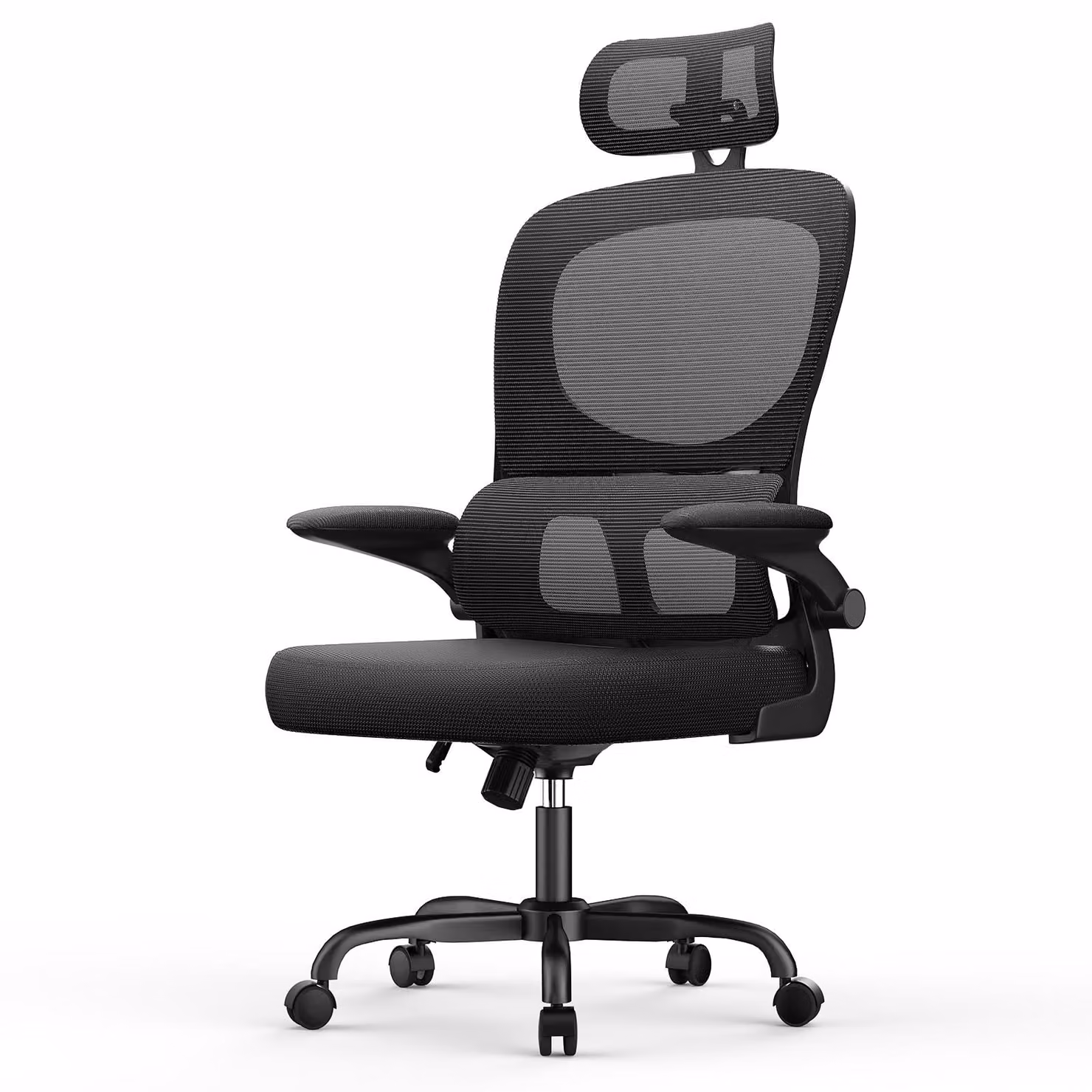 Sedia da ufficio ergonomica con poggiatesta e braccioli regolabili, schienale reclinabile a 120°, supporto lombare autoadattabile, nera