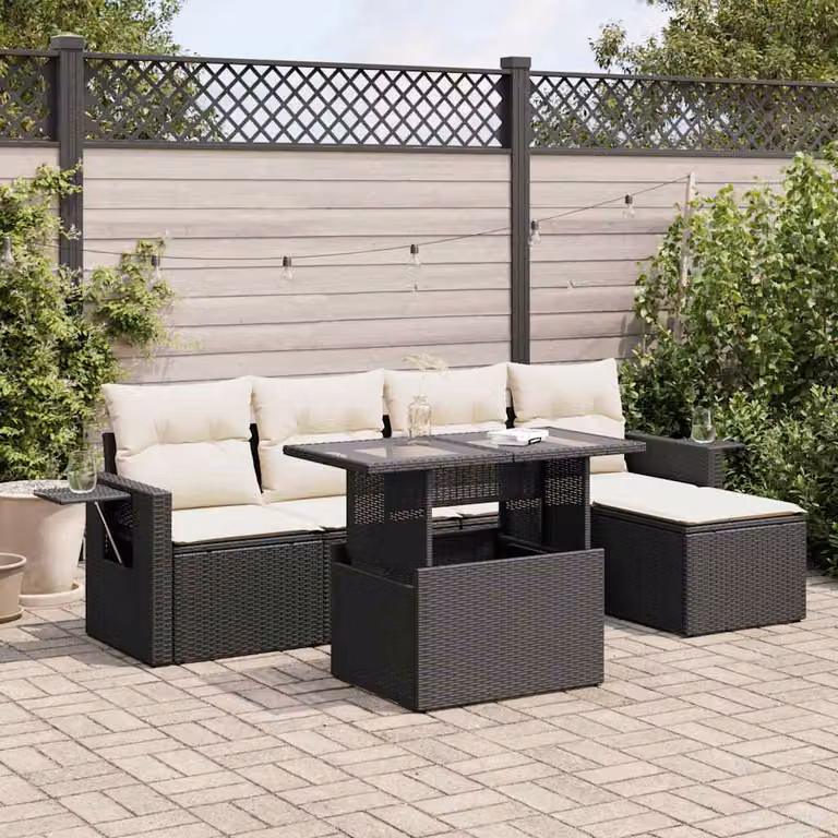 Set Divano da Giardino a L vidaXL 6 pz con Cuscini, Tavolino e Ottoman, Nero e Bianco