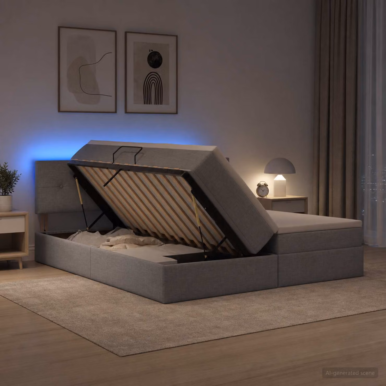 Letto con contenitore vidaXL Grigio, con illuminazione LED, porta USB e materasso, L/P/H: 200 x 200 x 7 cm