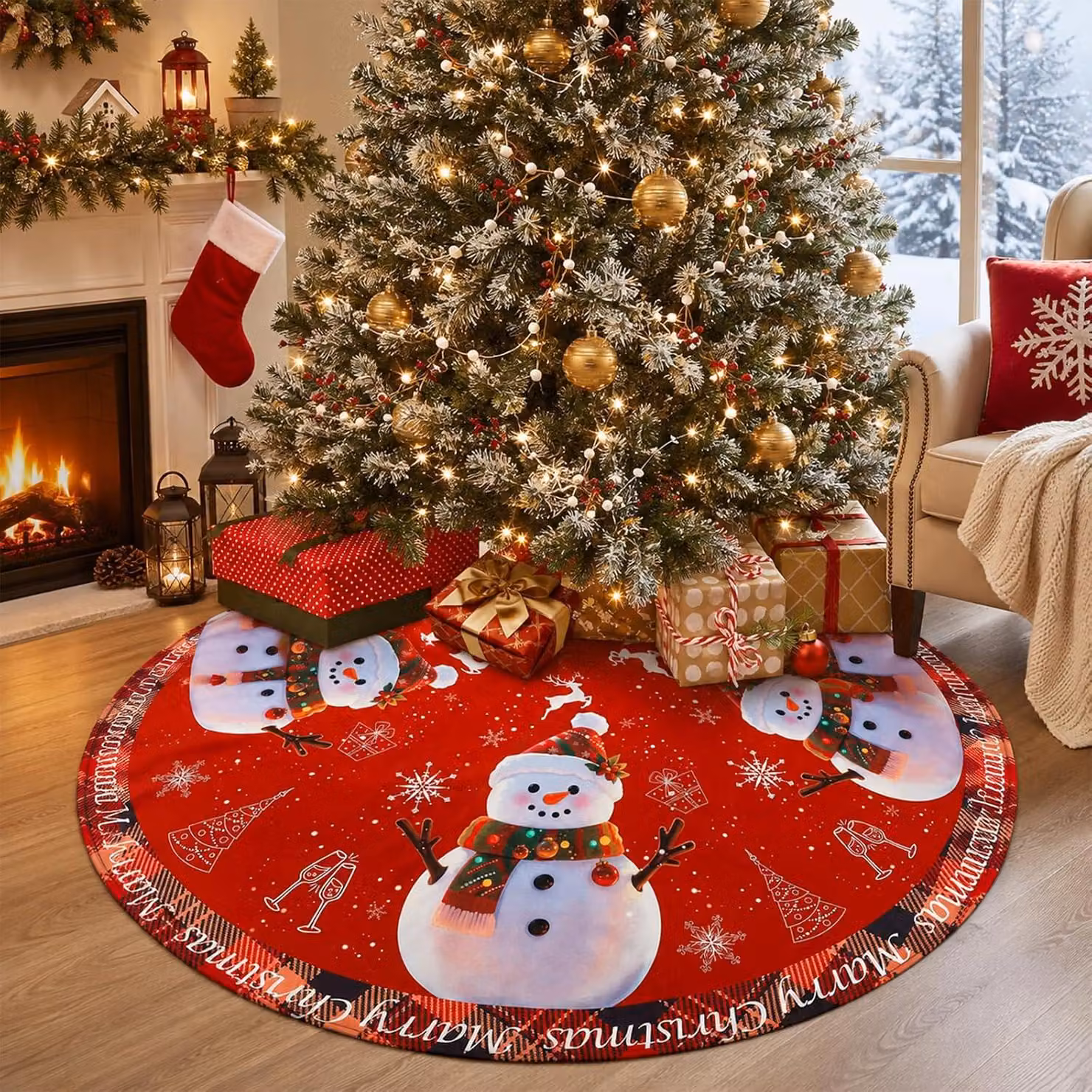 Coperta rotonda a tema natalizio, con motivo innevato, diametro 120 cm, ideale per la decorazione natalizia