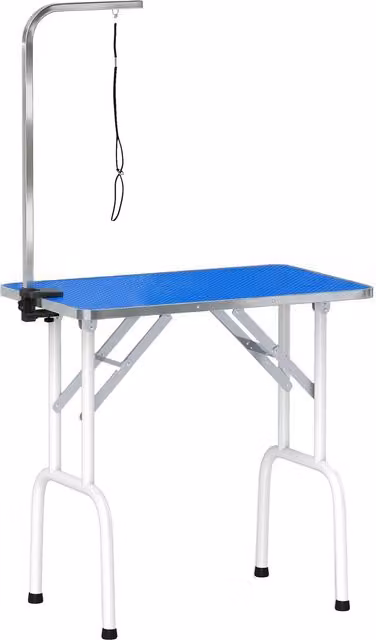 PawHut Tavolo da Toelettatura Pieghevole con Piano Antiscivolo e Braccio Regolabile, Blu, L: 81 cm, P: 48,5 cm, H: 80 cm