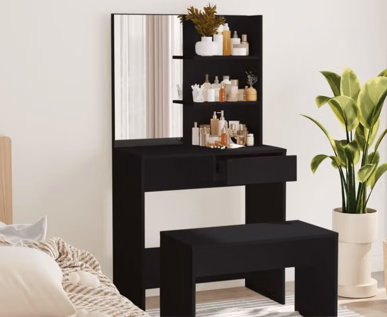 The Living Store Comodino con specchio nero 74,5x40x141 cm