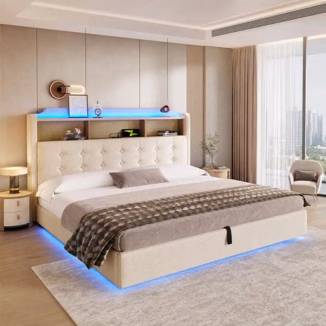 Letto matrimoniale 180 × 200 cm con vano idraulico, LED multicolore, USB e Tipo C, senza materasso, beige