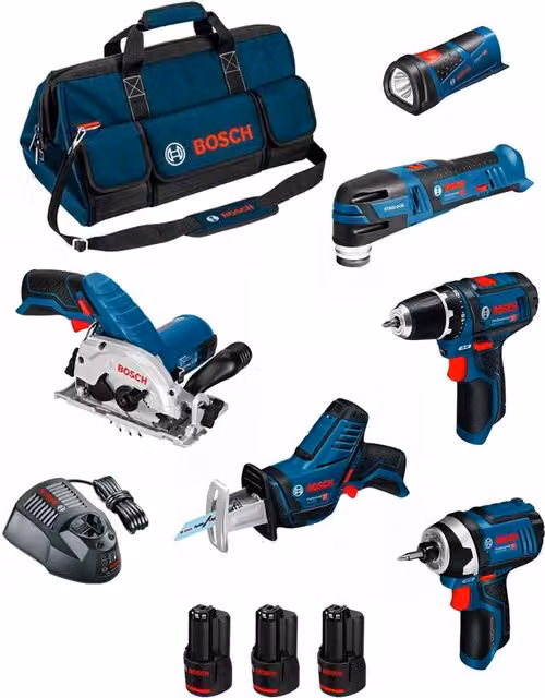 Kit utensili elettrici Bosch BMKB6-28AD3 blu con avvitatore, trapano, seghetto, levigatrice, seghetto alternativo, torcia e 3 batterie da 2,0Ah