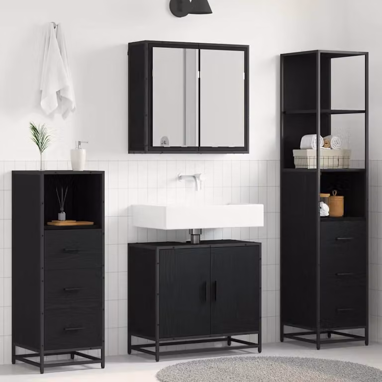 Set di mobili per il bagno moderno vidaXL composto da 4 pezzi in legno e metallo nero opaco con armadietto a specchio, mobile lavabo, colonna alta e mobile laterale