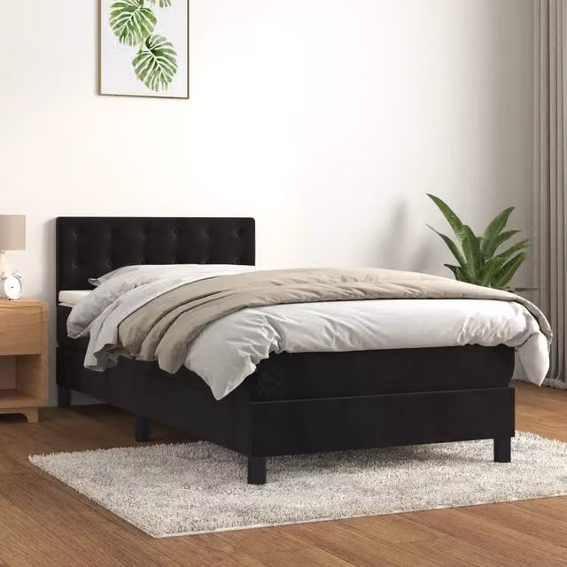 Letto Ibrido vidaXL con Giroletto a Molle e Materasso in Velluto Nero e Bianco L/P/H: 193 x 90 x 78 cm