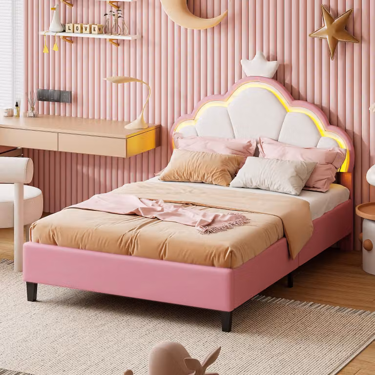 Letto imbottito Fortuna Lai 90x200cm design , letto per bambini/ragazzi con LED e rete a doghe, velluto, rosa