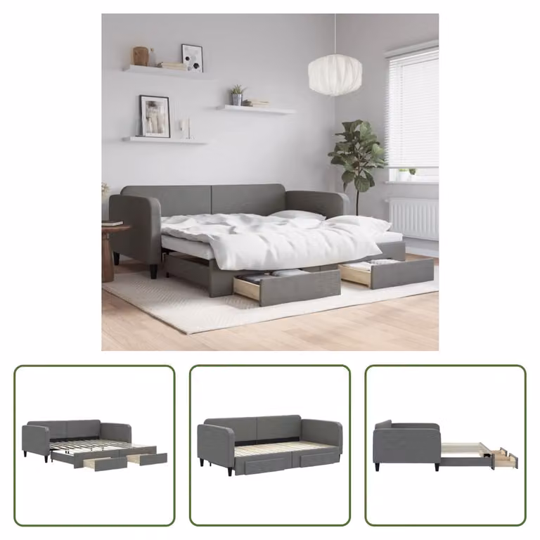 The Living Store Letto da giorno allungabile con cassetti grigio scuro 100x200 cm tessuto