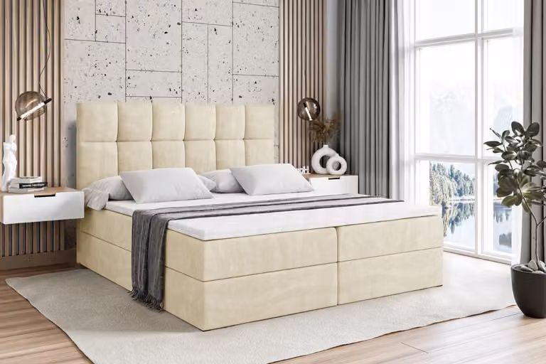 Letto boxspring ALTDECOR con materasso e rete a doghe - RICAR - 180x200 cm - Beige Monolith - Letto boxspring, topper, letto imbottito con contenitore, letto con contenitore H4 - Materasso, letto matrimoniale, letto boxspring