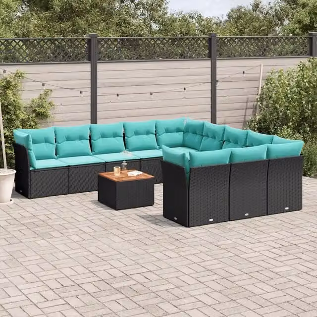 Set di Divani da Giardino a Forma di U vidaXL in Polyrattan Nero con Cuscini e Tavolino da Esterno