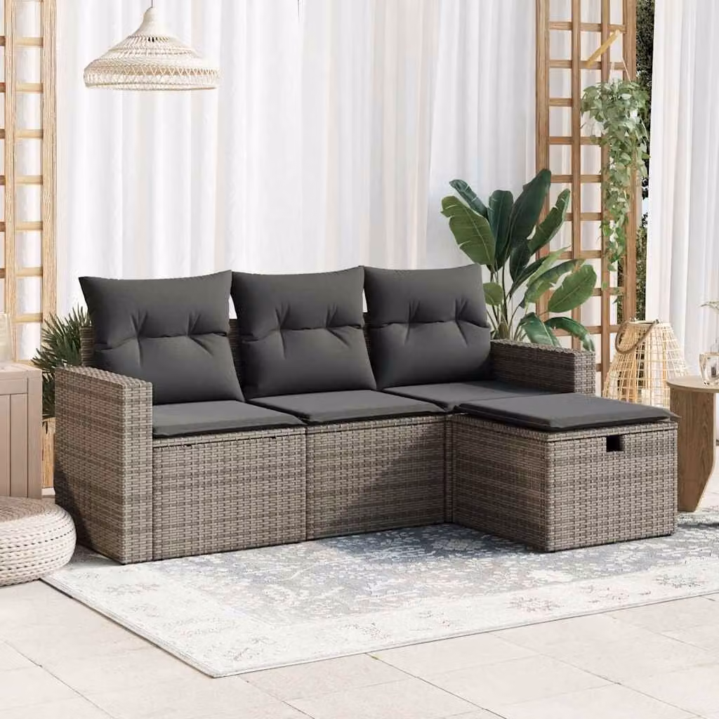 Set Divani da Giardino vidaXL 4 pz in Polyrattan Grigio con Cuscini e Pouf a Forma di L