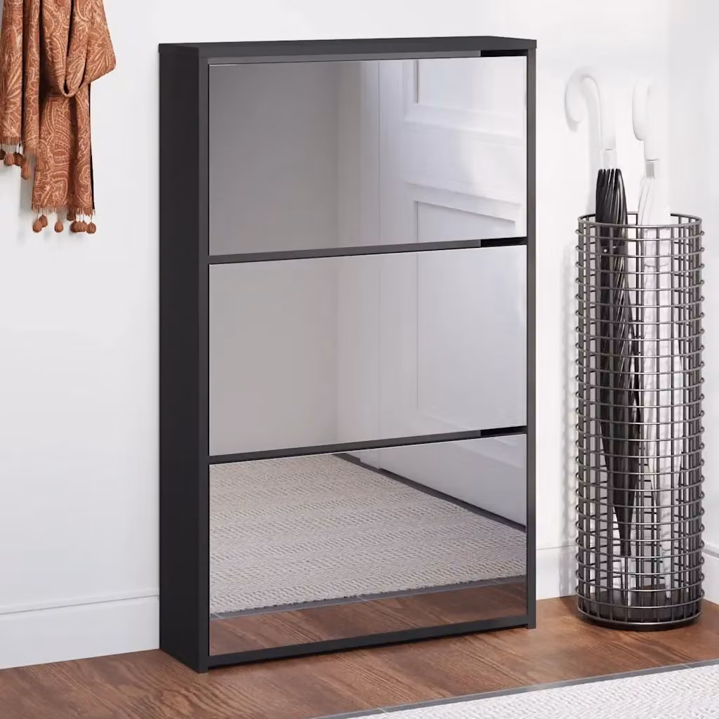 Scarpiera moderna con specchio e 3 ripiani nera L: 63 cm, P: 17 cm, H: 102,5 cm – 2