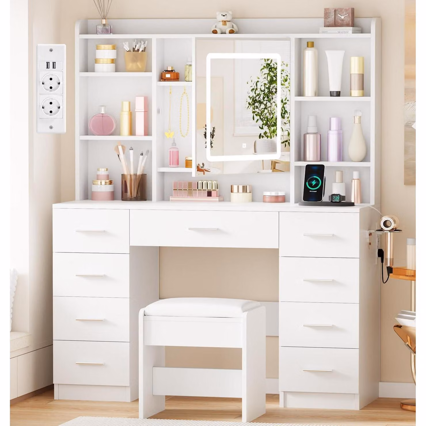Comò da trucco con illuminazione a LED, prese di corrente e sgabello, colore bianco, dimensioni 110x40x140 cm