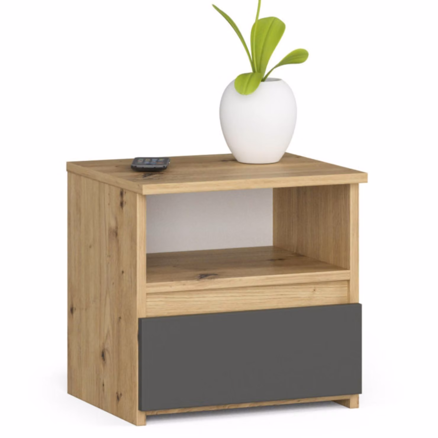 Comodino con 1 cassetto. Organizzatore per comodino. Comodino con cassetti, 40 cm di larghezza, 40 cm di altezza. Mobile contenitore in legno effetto "Artisan" color grigio quercia. Mobiletto contenitore stretto
