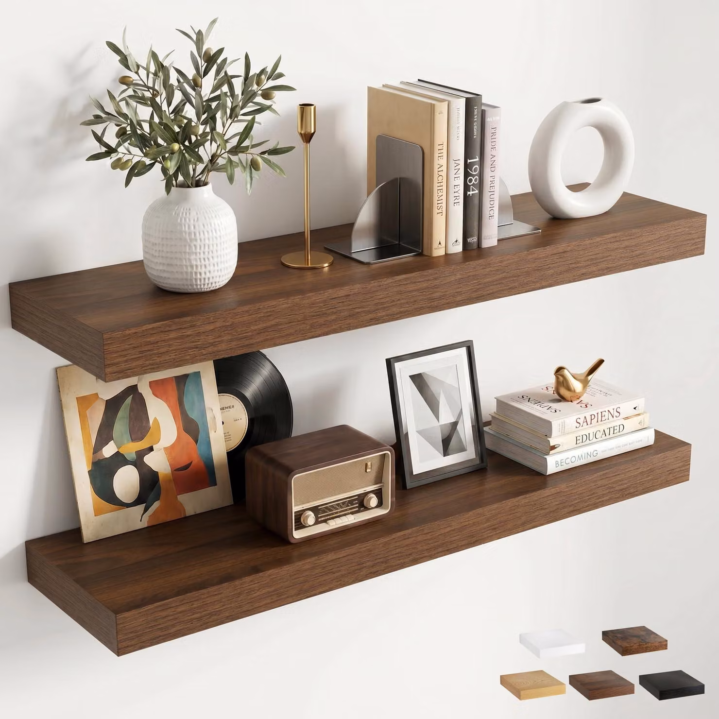 Mensole a parete in legno di noce, 80 cm, set da 2, con supporto in ferro resistente, ideali per la cucina