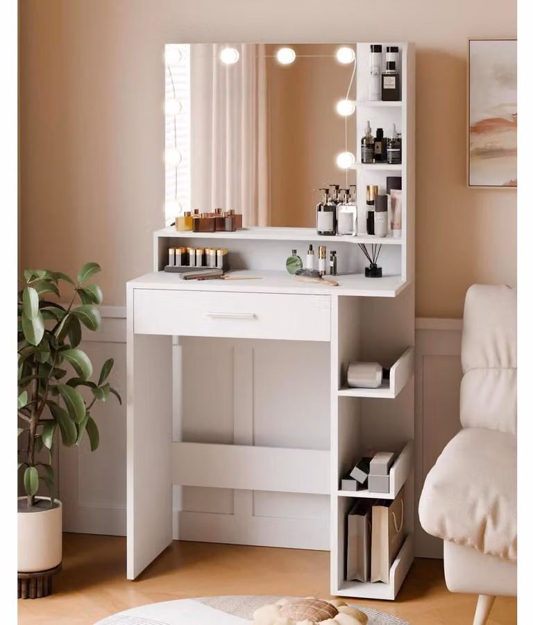 Comò da trucco con specchio e 10 luci LED, 1 cassetto, 7 scomparti, bianco, 67 x 36 x 138 cm