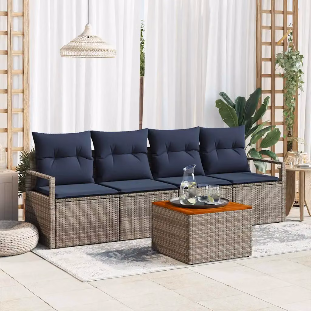 Set da giardino vidaXL composto da 5 pezzi in rattan grigio con cuscini e struttura in acciaio rivestito in polvere