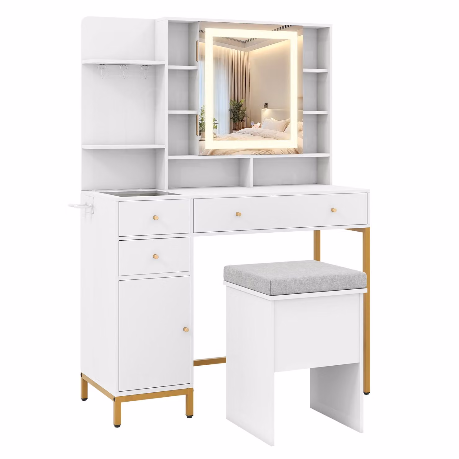 Tavolino da toilette COSTWAY con specchio LED e luci a 3 colori, tavolino da toilette con sgabello, stazione di ricarica, cassetti e ripiani aperti, tavolino cosmetico bianco