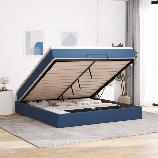 Letto con contenitore a sollevamento e materasso vidaXL in tessuto blu e bianco L: 180 cm, P: 200 cm, H: 280 cm – 1
