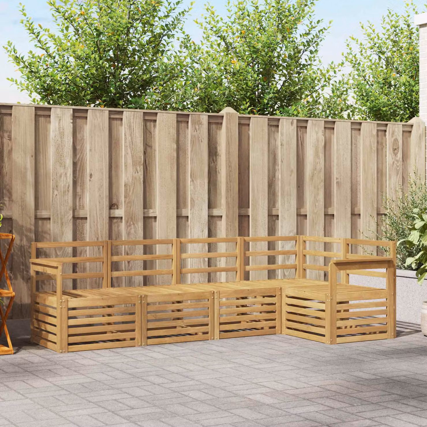 Set di divani da esterno vidaXL 5 pz in legno di acacia massello con cuscini bianchi e marroni a forma di L