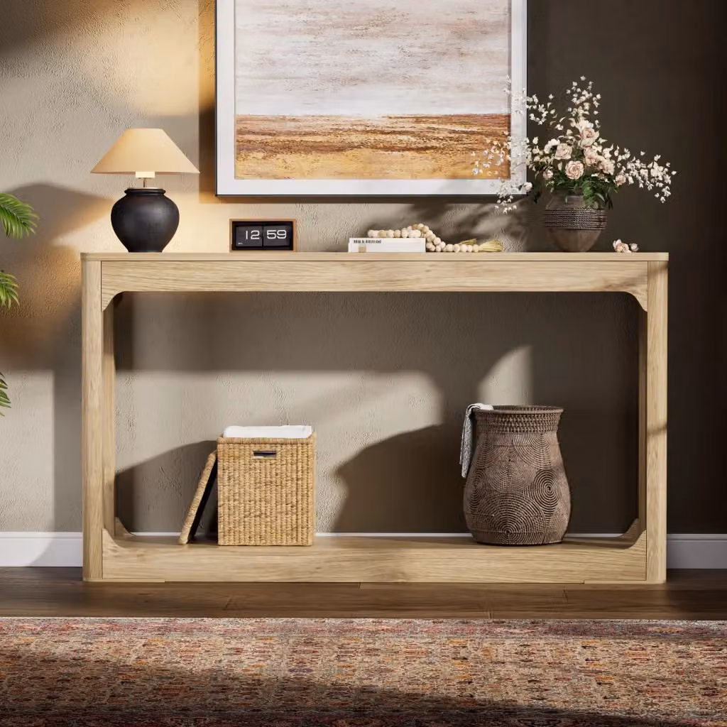 Consolle OKWISH in MDF con ripiani aperti, stile minimalista, colore beige, L: 140 cm, P: 30 cm, H: 80 cm – 2