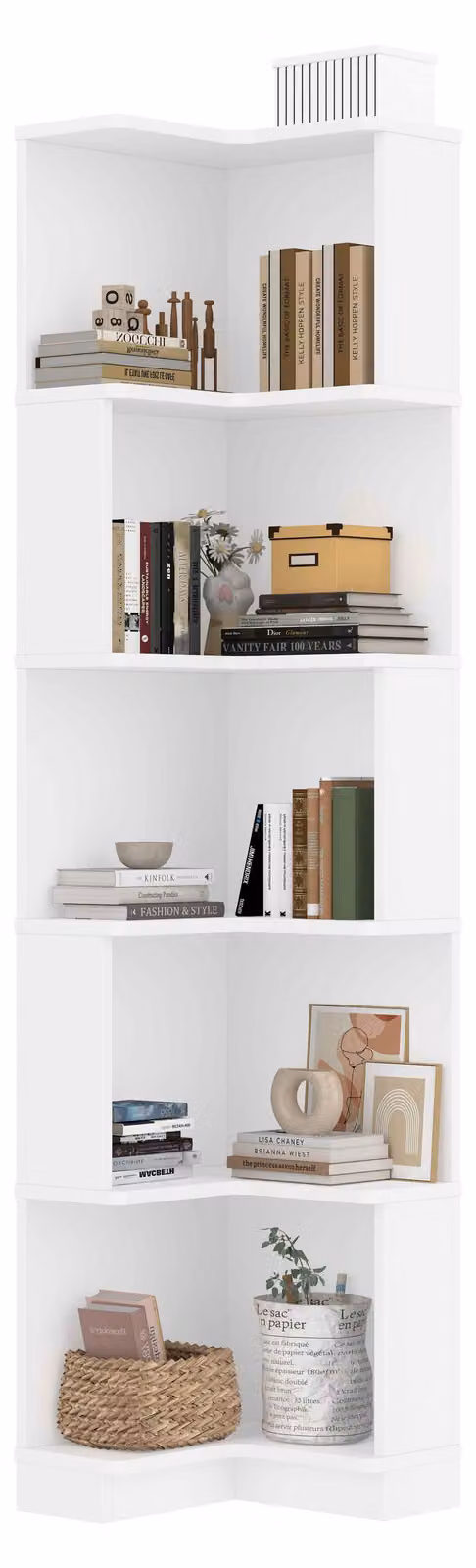 Scaffale angolare Zimilo bianco 175 cm, libreria a forma di L con app di controllo LED a colori cangianti, scaffale a 5 ripiani salvaspazio per soggiorno e ufficio