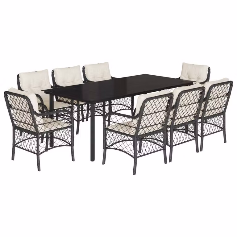 Set da Pranzo da Giardino 9 pz con Cuscini Nero in Polyrattan