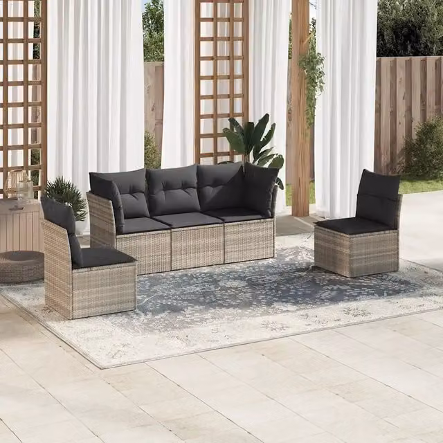 Set Divano da Giardino 5pz con Cuscini-Sofa da Giardino-Divanetto da esterno Grigio Chiaro Polyrattan 755749